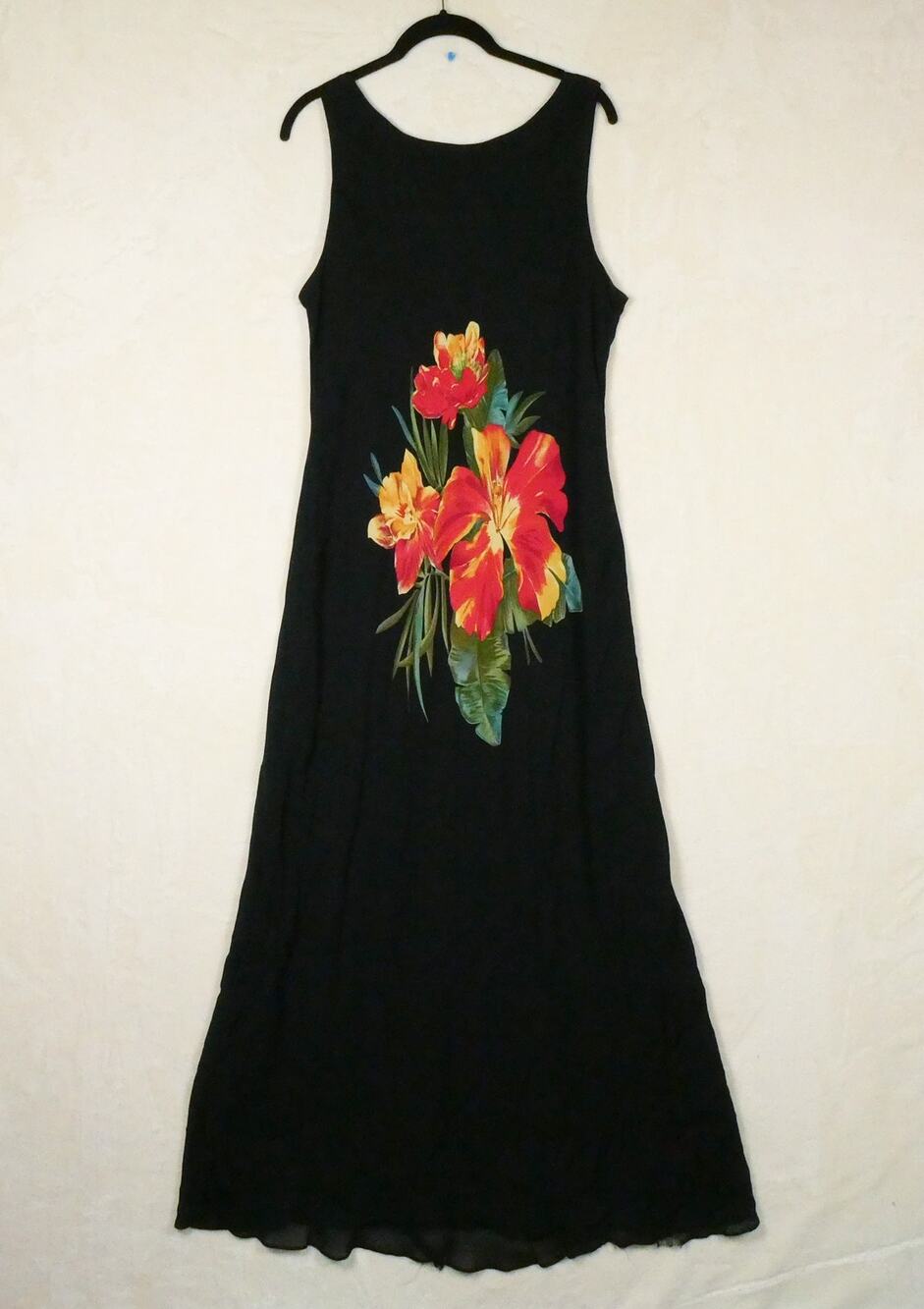 Vintage Ronni Nicole Floral Maxi Dress Size 16 Tropical Silky Hibiscus Black